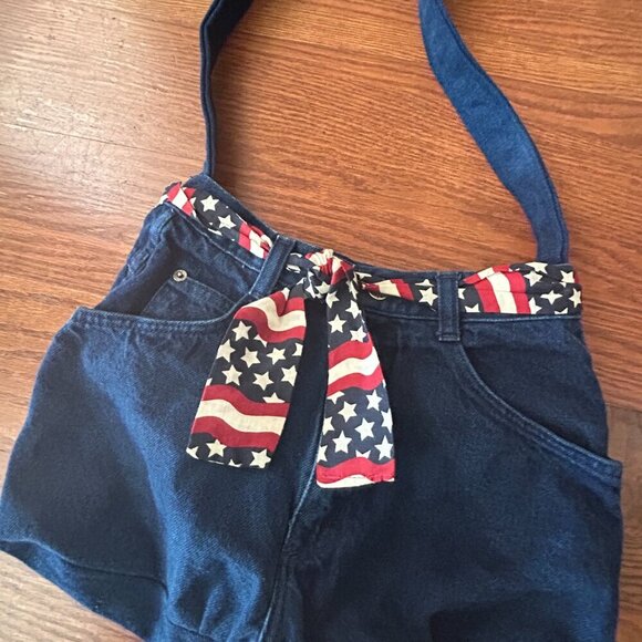 Repurposed Upcycled Denim Purse USA Patriotic Flag Shoulder Bag Bonjour Jeans - Picture 2 of 13